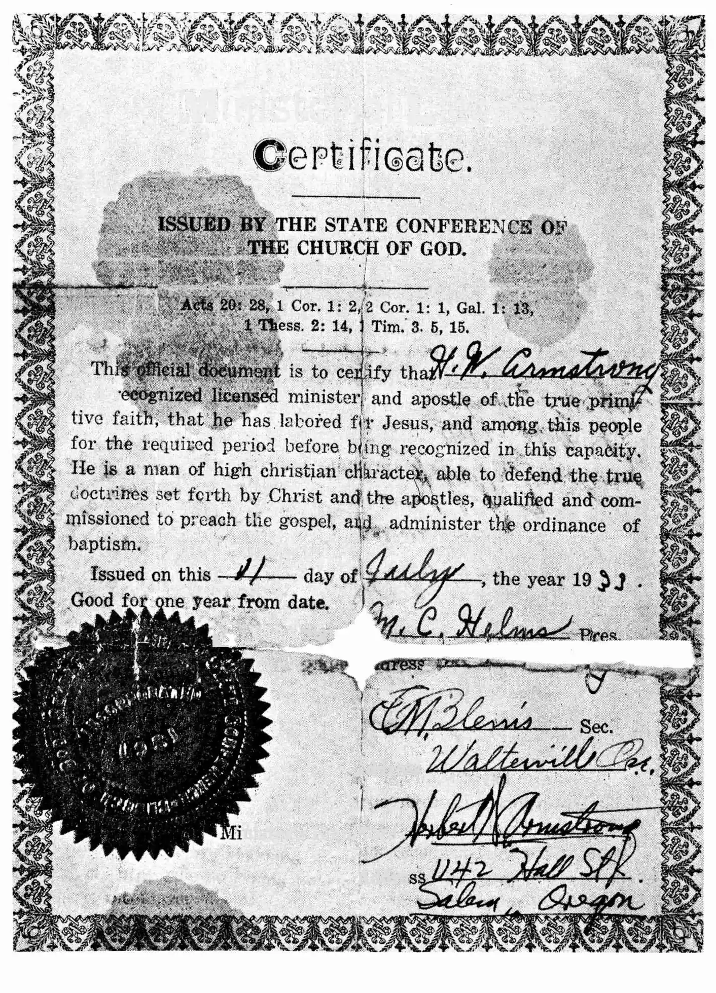 HWA's 3rd Ordination Certificate(1933)